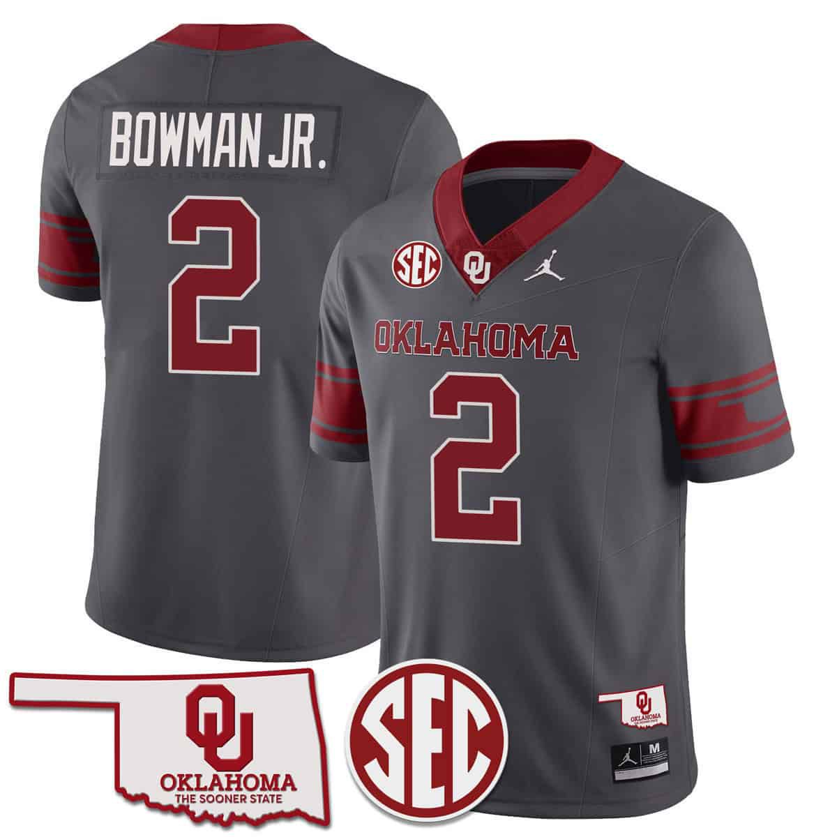 Men Oklahoma Sooners #2 Bowman jr Grey 2024 SEC Patch Vapor Premier Limited NCAA Jersey